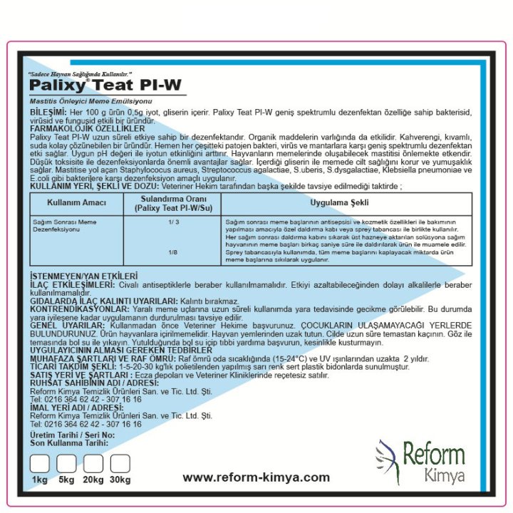 Palixy Teat PI-W is a cleaning and disinfection product formulated to maintain and improve teat health in dairy farming.